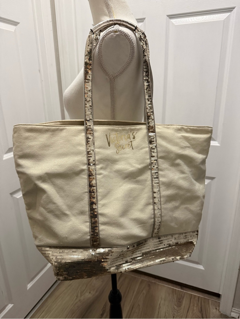 Victoria's Secret Limited Edition Cream Canvas Gold Sequin Shopper Tote Bag